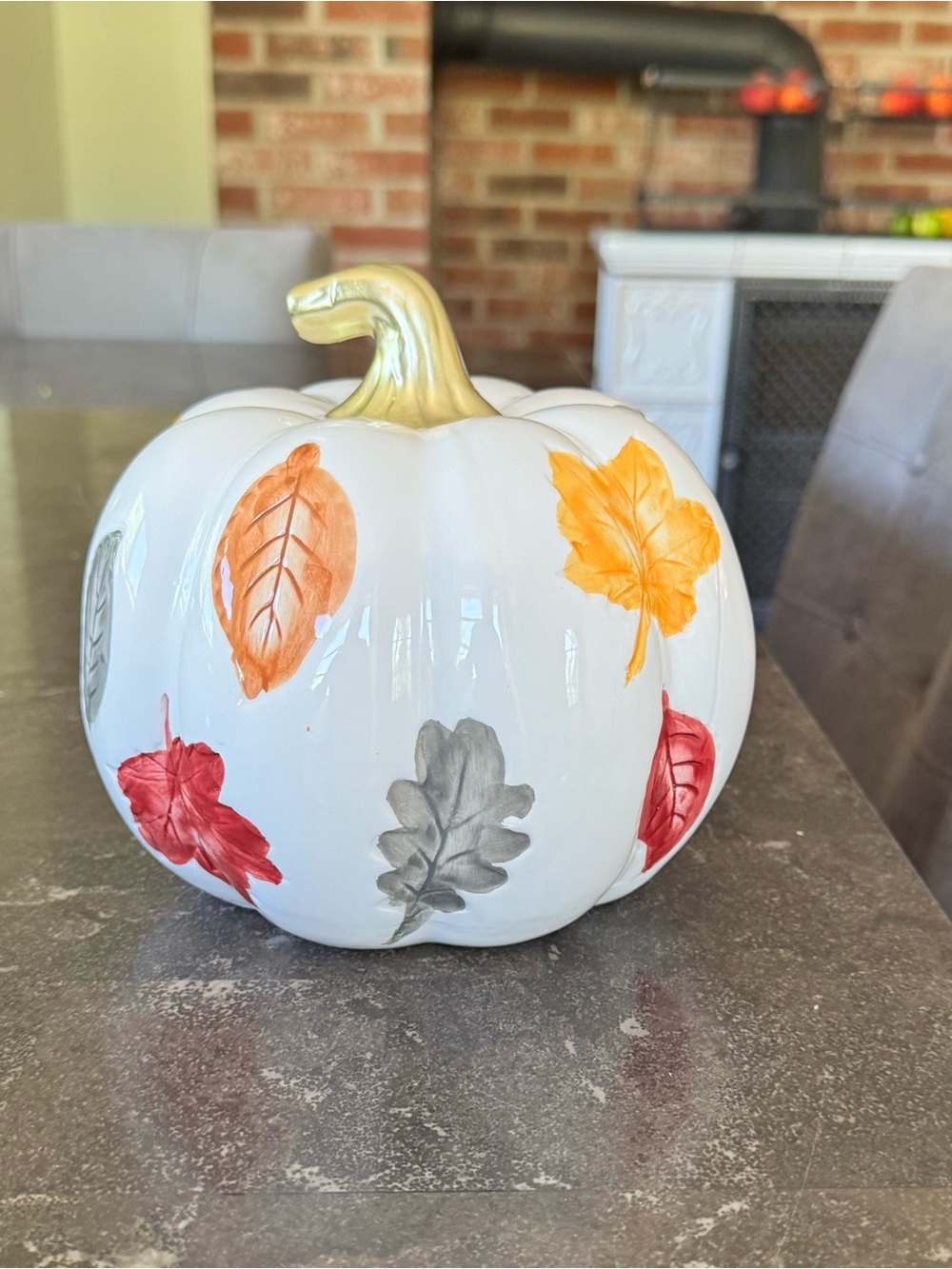 White Ceramic Pumpkin with Autumn Leaf Motif - Picture 2 of 6